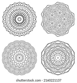 Set von Mandala Coloring Buchvorlage. Tapete-Design, Spitzen-Muster und Tattoo. Dekoration für die Inneneinrichtung. Vektor handgezeichnete ethnisch-orientalische Zirkel-Ornament. weißer Hintergrund. indischer Stil