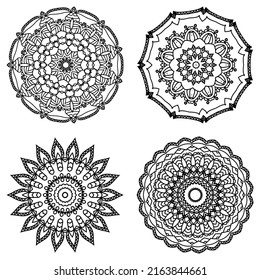 Conjunto de plantillas de libro de Coloreo de Mandala. diseño de papel pintado, patrón de encaje y tatuaje. decoración de diseño interior. Ornamento de círculo étnico oriental dibujado a mano por el vector. fondo blanco. Al estilo indio.