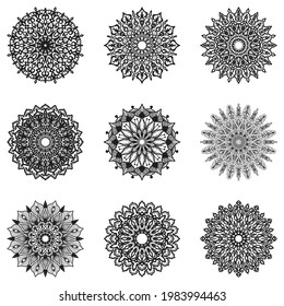 Set of mandala decorative and ornamental design for coloring page, greeting card, invitation, tattoo, yoga and spa symbol