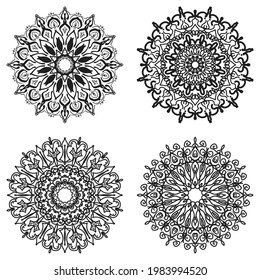 Set of mandala decorative and ornamental design for coloring page, greeting card, invitation, tattoo, yoga and spa symbol