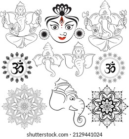 Set of mandala design in different patterns and Indian gods illustration