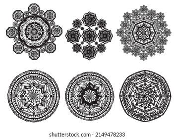 set mandala, ethnic element mehendi black, decoration, ornament in a circle henna drawing, tattoo, vector