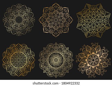 Conjunto de mandala con un patrón de adorno floral,Patrones de relajación de mandala vectorial diseño único con estilo natural, Patrón dibujado a mano,Plantilla de Mandala para tarjetas de decoración de páginas, libro, logos