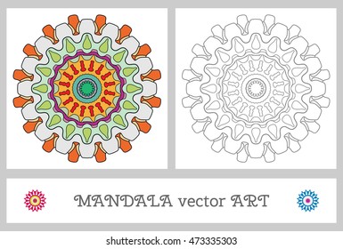 Set of Mandala geometric ornaments for coloring book. Black and white pattern for coloring page and colorful mandala round ornament, vector decoration