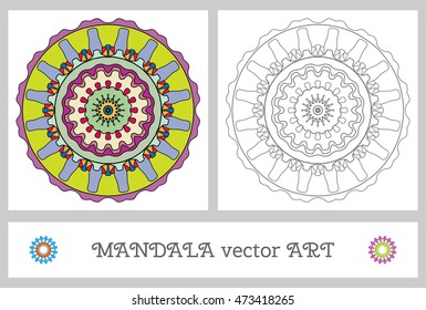 Set of Mandala geometric ornaments for coloring book. Black and white pattern for coloring page and colorful mandala round ornament, vector decoration