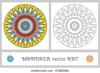 Set of Mandala geometric ornaments for coloring book. Black and white pattern for coloring page and colorful mandala round ornament, vector decoration