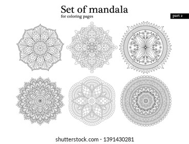 Set of mandala, isolated vector illustration. Background, coloring book page, print, tattoo design