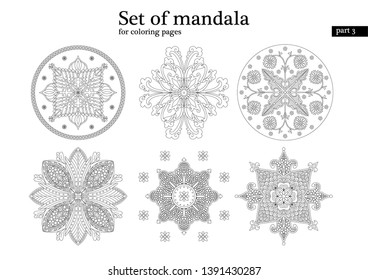 Set of mandala, isolated vector illustration. Background, coloring book page, print, tattoo design