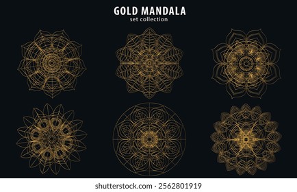 Set of Mandala line art pattern style. Golden. Hand drawn design. Decorative mandala for print, cover, coloring page, floral ornament pattern. Illustration, vector.