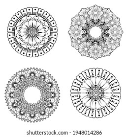 Set of Mandala with Mehndi flower for henna, mehndi, tattoo, decoration. decorative ornament in ethnic oriental style. coloring book page.