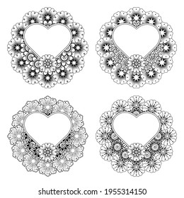 Set of Mandala with Mehndi flower for henna, mehndi, tattoo, decoration. decorative ornament in ethnic oriental style. coloring book page.