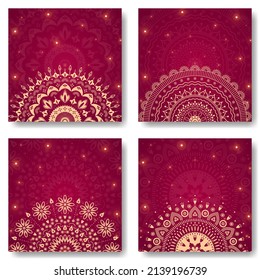 Set of mandala ornament on red background with lights square banner template. Suitable for social media post and web internet ads.