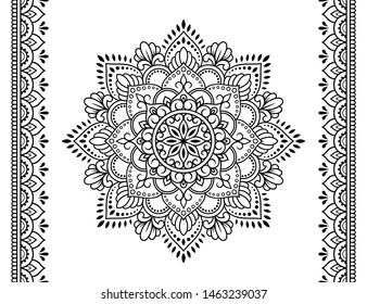 Set Of Mandala Pattern And Seamless Border For Henna Drawing And Tattoo. Decoration In Ethnic Oriental Mehndi, Indian Style. Doodle Ornament In Black And White. Hand Draw Vector Illustration.