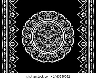 Set of mandala pattern and seamless border for Henna drawing and tattoo. Decoration in ethnic oriental mehndi, Indian style. Doodle ornament in black and white. Hand draw vector illustration.