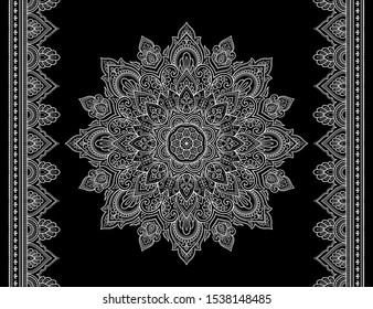 Set of mandala pattern and seamless border for Henna drawing and tattoo. Decoration in ethnic oriental mehndi, Indian style. Doodle ornament in black and white. Hand draw vector illustration.