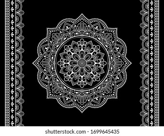 Set Of Mandala Pattern And Seamless Border For Henna Drawing And Tattoo. Decoration In Ethnic Oriental Mehndi, Indian Style. Doodle Ornament In Black And White. Hand Draw Vector Illustration.