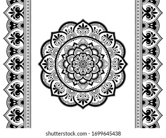 Set of mandala pattern and seamless border for Henna drawing and tattoo. Decoration in ethnic oriental mehndi, Indian style. Doodle ornament in black and white. Hand draw vector illustration.