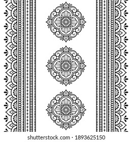 Set of mandala pattern and seamless border for Henna drawing and tattoo. Decoration in ethnic oriental mehndi, Indian style. Doodle ornament in black and white. Hand draw vector illustration.