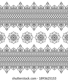 Set of mandala pattern and seamless border for Henna drawing and tattoo. Decoration in ethnic oriental mehndi, Indian style. Doodle ornament in black and white. Hand draw vector illustration.