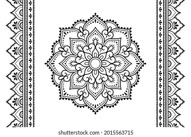 Set of mandala pattern and seamless border for Henna drawing and tattoo. Decoration in ethnic oriental mehndi, Indian style. Doodle ornament in black and white. Hand draw vector illustration.