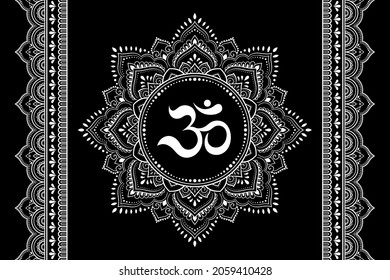 Set of mandala pattern and seamless border for Henna drawing and tattoo. Decoration in ethnic oriental mehndi, Indian style. Doodle ornament in black and white with OM symbol. Vector illustration.