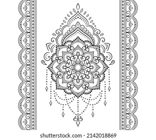 Set of mandala pattern and seamless border for Henna drawing and tattoo. Decoration in ethnic oriental mehndi, Indian style. Doodle ornament in black and white. Hand draw vector illustration.