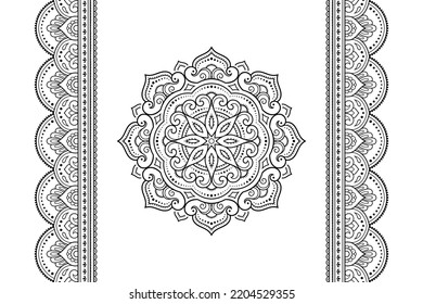 Set of mandala pattern and seamless border for Henna drawing and tattoo. Decoration in ethnic oriental mehndi, Indian style. Doodle ornament in black and white. Hand draw vector illustration.