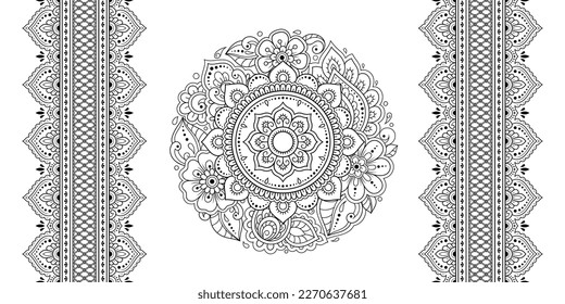 Set of mandala pattern and seamless border for Henna drawing and tattoo. Decoration in ethnic oriental mehndi, Indian style. Doodle ornament in black and white. Hand draw vector illustration.