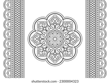 Set of mandala pattern and seamless border for Henna drawing and tattoo. Decoration in ethnic oriental mehndi, Indian style. Doodle ornament in black and white. Hand draw vector illustration.