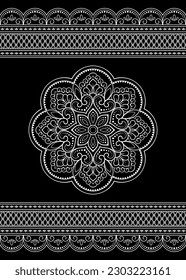 Set of mandala pattern and seamless border for Henna drawing and tattoo. Decoration in ethnic oriental mehndi, Indian style. Doodle ornament in black and white. Hand draw vector illustration.
