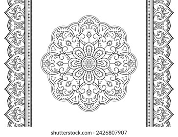 Set of mandala pattern and seamless border for Henna drawing and tattoo. Decoration in ethnic oriental mehndi, Indian style. Doodle ornament in black and white. Hand draw vector illustration.