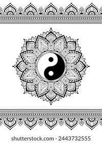 Set of mandala pattern and seamless border for Henna drawing, tattoo. Decoration in ethnic oriental mehndi, Indian style. Doodle ornament in black and white with yin-yang symbol. Vector illustration.