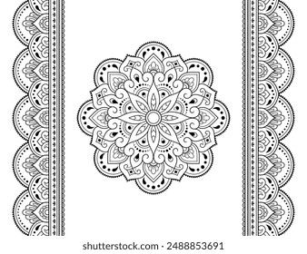 Set of mandala pattern and seamless border for Henna drawing and tattoo. Decoration in ethnic oriental mehndi, Indian style. Doodle ornament in black and white. Hand draw vector illustration.