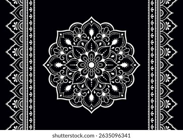 Conjunto de padrão de mandala e borda sem emenda para Henna desenho e tatuagem. Decoração em estilo étnico oriental mehndi, indiano. Doodle ornamento em preto e branco. Ilustração de vetor de desenho manual.