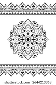 Set of mandala pattern and seamless border for Henna drawing and tattoo. Decoration in ethnic oriental mehndi, Indian style. Doodle ornament in black and white. Hand draw vector illustration.