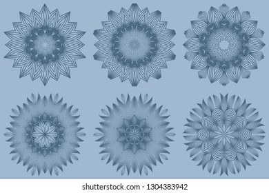 Set of Mandala Pattern. Traditional Indian Mandala. Orient Tribal Circle Sign Illustration. Vector Illustration. Pastel blue color.