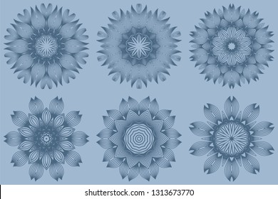 Set of Mandala Pattern. Traditional Indian Mandala. Orient Tribal Circle Sign Illustration. Vector Illustration. Pastel blue color.