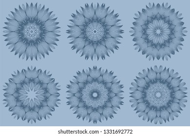 Set of Mandala Pattern. Traditional Indian Mandala. Orient Tribal Circle Sign Illustration. Vector Illustration. Pastel blue color.