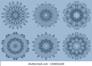Set of Mandala Pattern. Traditional Indian Mandala. Orient Tribal Circle Sign Illustration. Vector Illustration. Pastel blue color.
