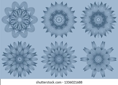 Set of Mandala Pattern. Traditional Indian Mandala. Orient Tribal Circle Sign Illustration. Vector Illustration. Pastel blue color.