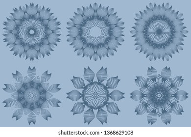 Set of Mandala Pattern. Traditional Indian Mandala. Orient Tribal Circle Sign Illustration. Vector Illustration. Pastel blue color.