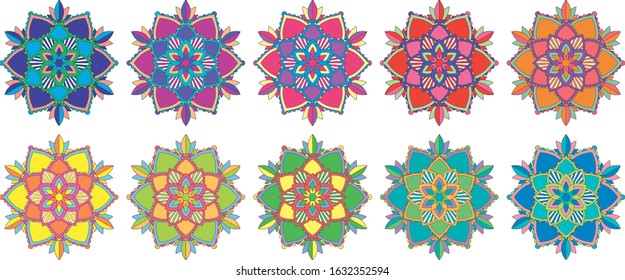 Set of mandala patterns in different colors illustration