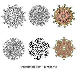 Set Mandala round ornament decorative isolated element, geometric floral circular pattern on a white background. Tribal ethnic Arabic Indian motif. Stock vector