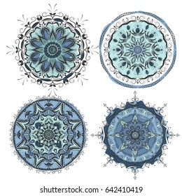 set Mandala. Vintage decorative elements colored blue. Oriental pattern, vector illustration. Islam, Arabic, Indian, moroccan,spain, turkish, pakistan, chinese, mystic, ottoman motifs.