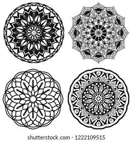 Set of mandalas black and white decorative vintage flowers. Vector illustration. Outline hand drawn.