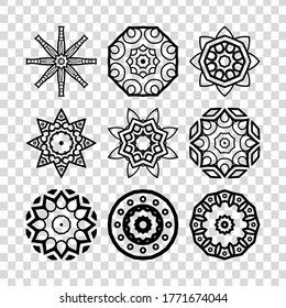 Set of mandalas. Collection of stylized stars and snowflakes isolated in transparent background. Vector round ethnic ornaments. Sketches for tattoo. Architectural decorative details.