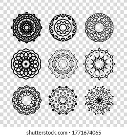 Set of mandalas. Collection of stylized stars and snowflakes isolated in transparent background. Vector round ethnic ornaments. Sketches for tattoo. Architectural decorative details.