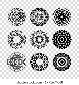 Set of mandalas. Collection of stylized stars and snowflakes isolated in transparent background. Vector round ethnic ornaments. Sketches for tattoo. Architectural decorative details.
