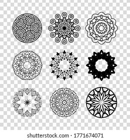 Set of mandalas. Collection of stylized stars and snowflakes isolated in transparent background. Vector round ethnic ornaments. Sketches for tattoo. Architectural decorative details.