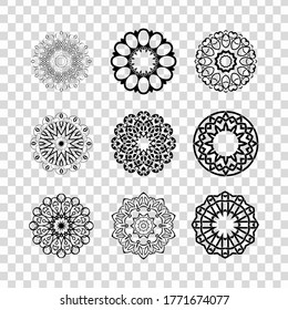 Set of mandalas. Collection of stylized stars and snowflakes isolated in transparent background. Vector round ethnic ornaments. Sketches for tattoo. Architectural decorative details.